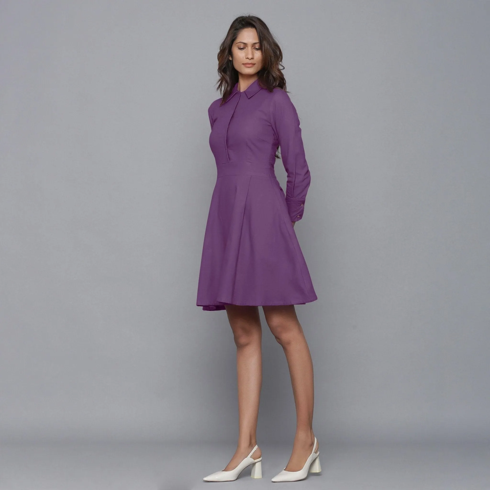 Grape Wine Warm Cotton Flannel Collared Short Dress