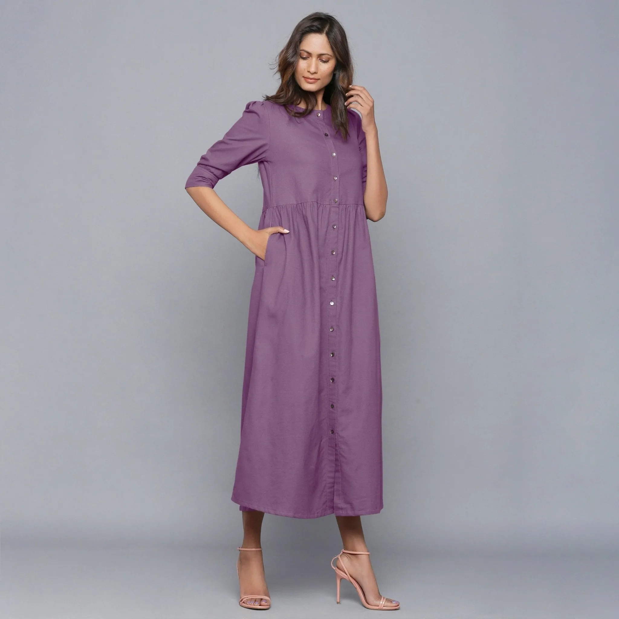 Grape Wine Warm Cotton Flannel Gathered Maxi Dress