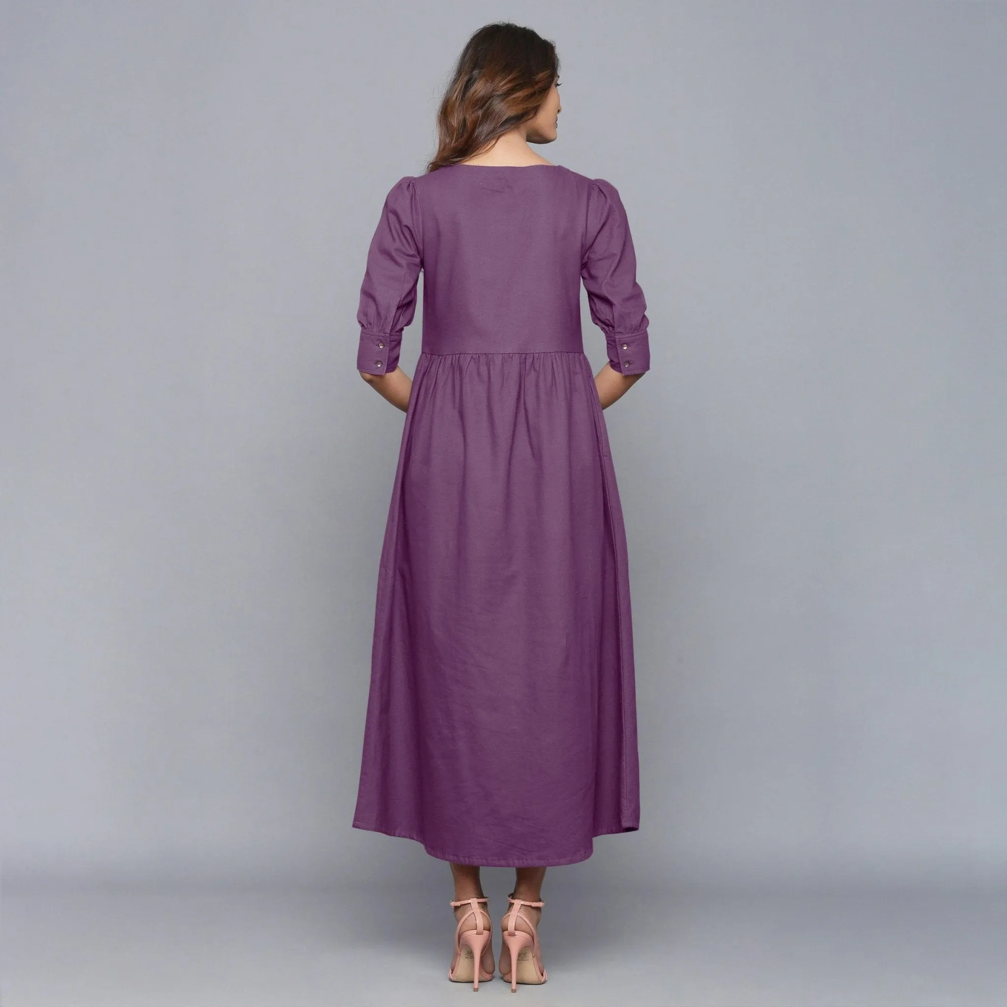 Grape Wine Warm Cotton Flannel Gathered Maxi Dress