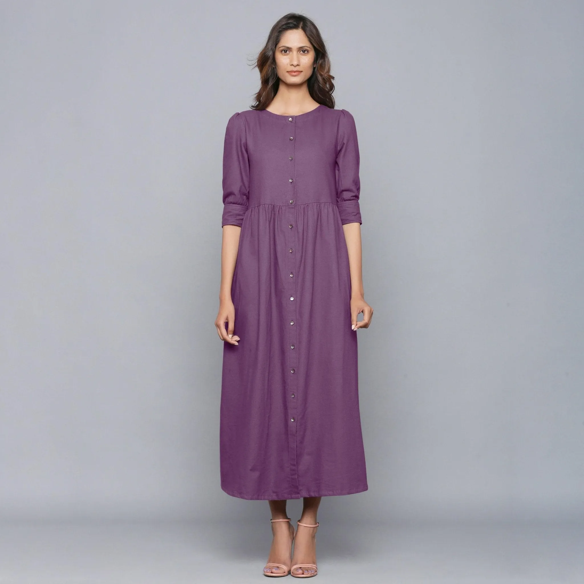 Grape Wine Warm Cotton Flannel Gathered Maxi Dress