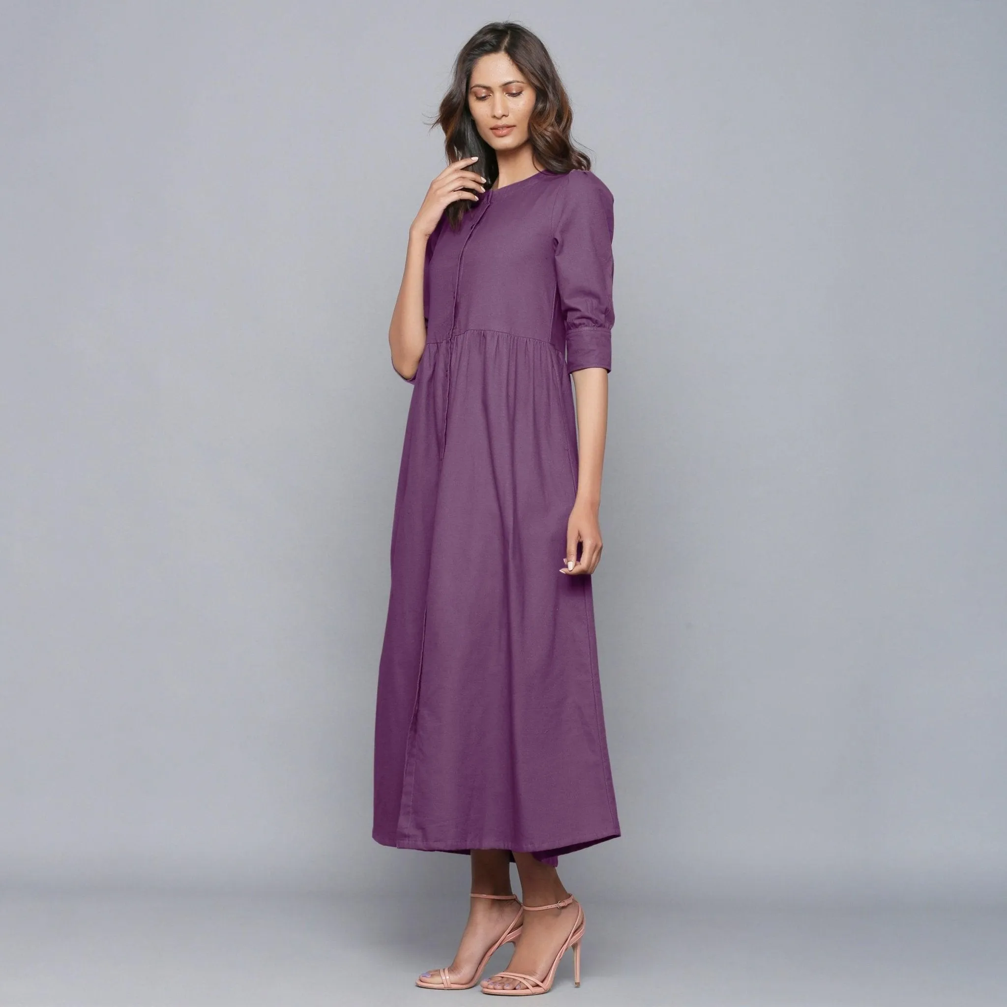 Grape Wine Warm Cotton Flannel Gathered Maxi Dress