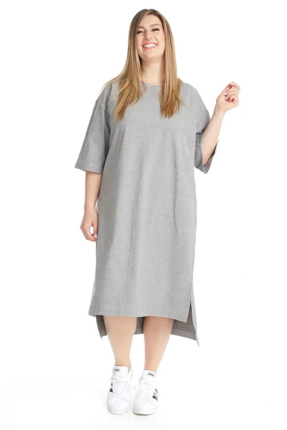 Grey 3/4 Sleeve Cotton Oversized Knee Length T-shirt Dress