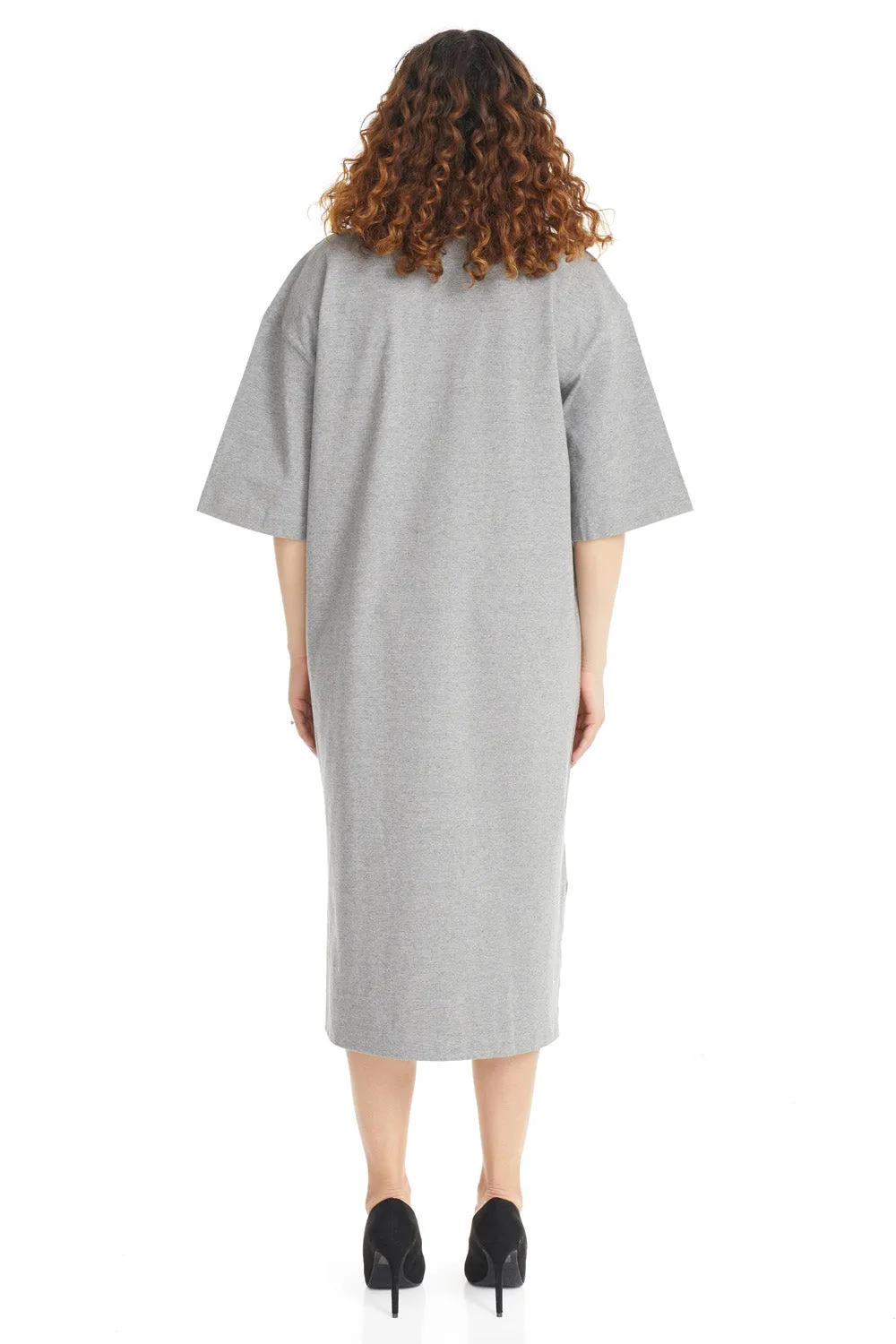 Grey 3/4 Sleeve Cotton Oversized Knee Length T-shirt Dress