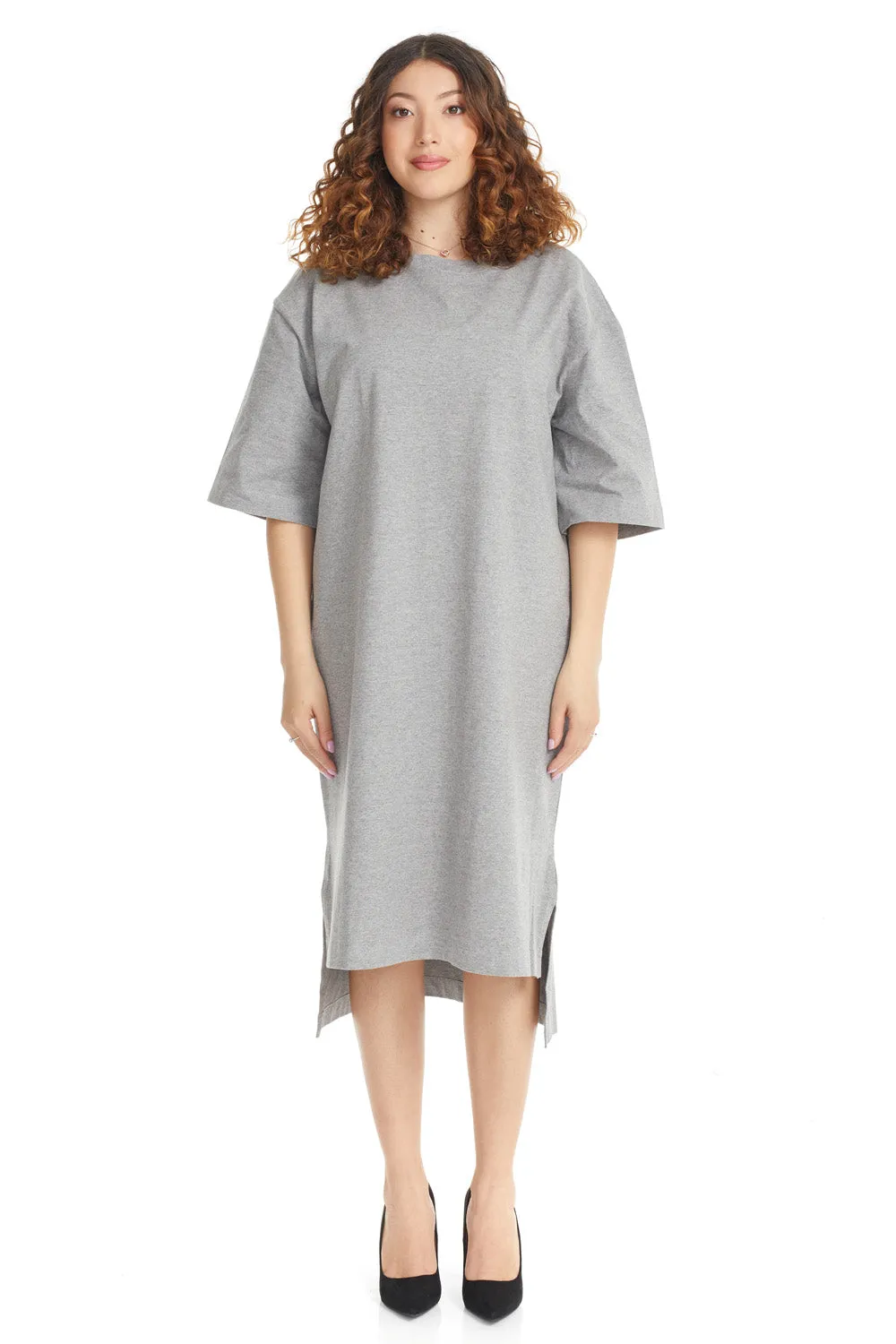 Grey 3/4 Sleeve Cotton Oversized Knee Length T-shirt Dress