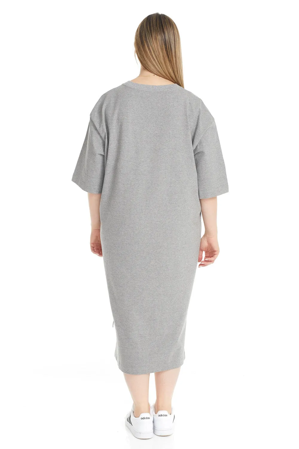 Grey 3/4 Sleeve Cotton Oversized Knee Length T-shirt Dress