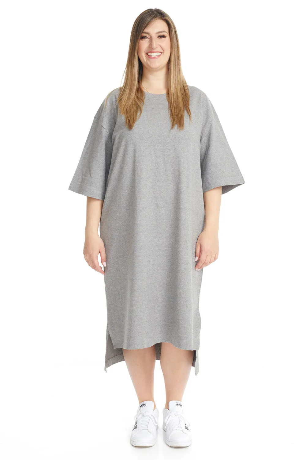 Grey 3/4 Sleeve Cotton Oversized Knee Length T-shirt Dress