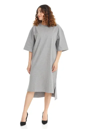 Grey 3/4 Sleeve Cotton Oversized Knee Length T-shirt Dress