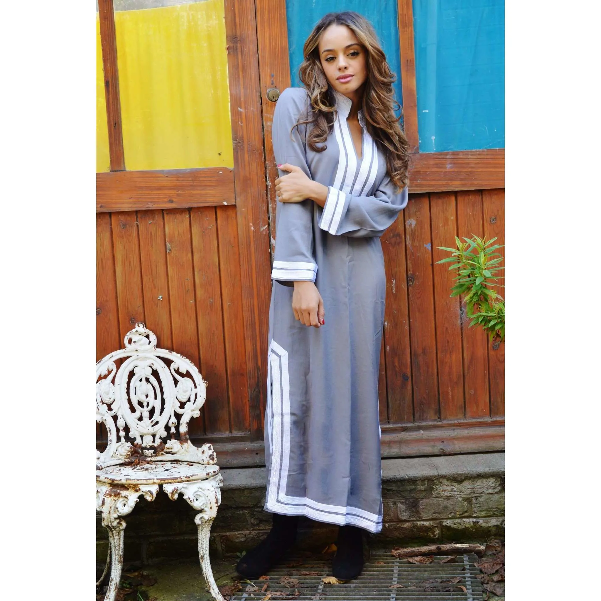 Grey Long Kaftan Caftan with White Embroidery- Mariam Style