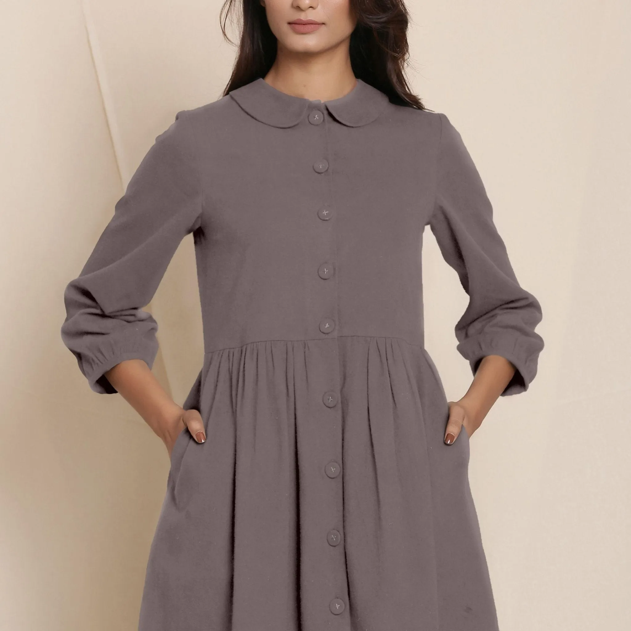 Grey Warm Cotton Flannel Peter Pan Midi Dress