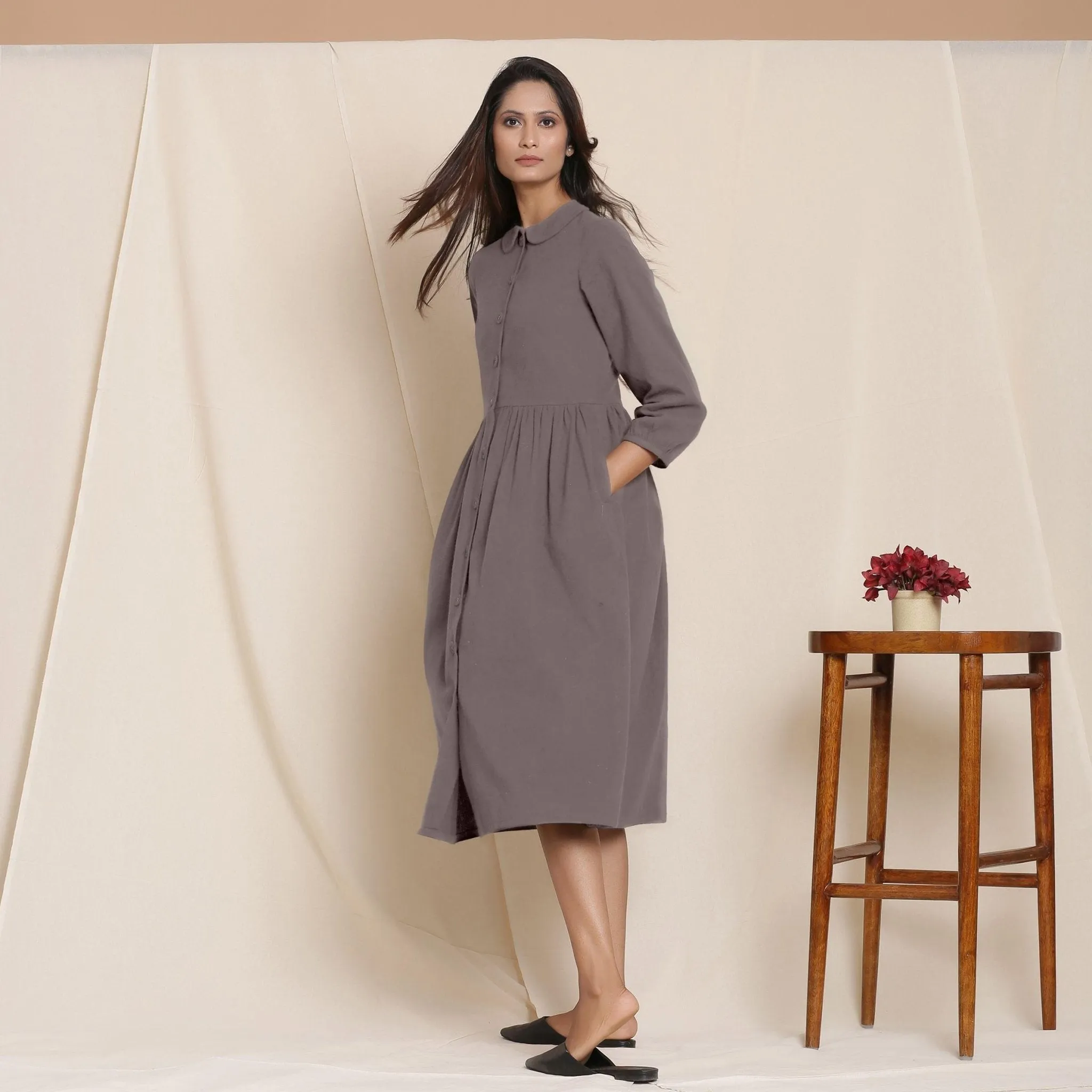 Grey Warm Cotton Flannel Peter Pan Midi Dress