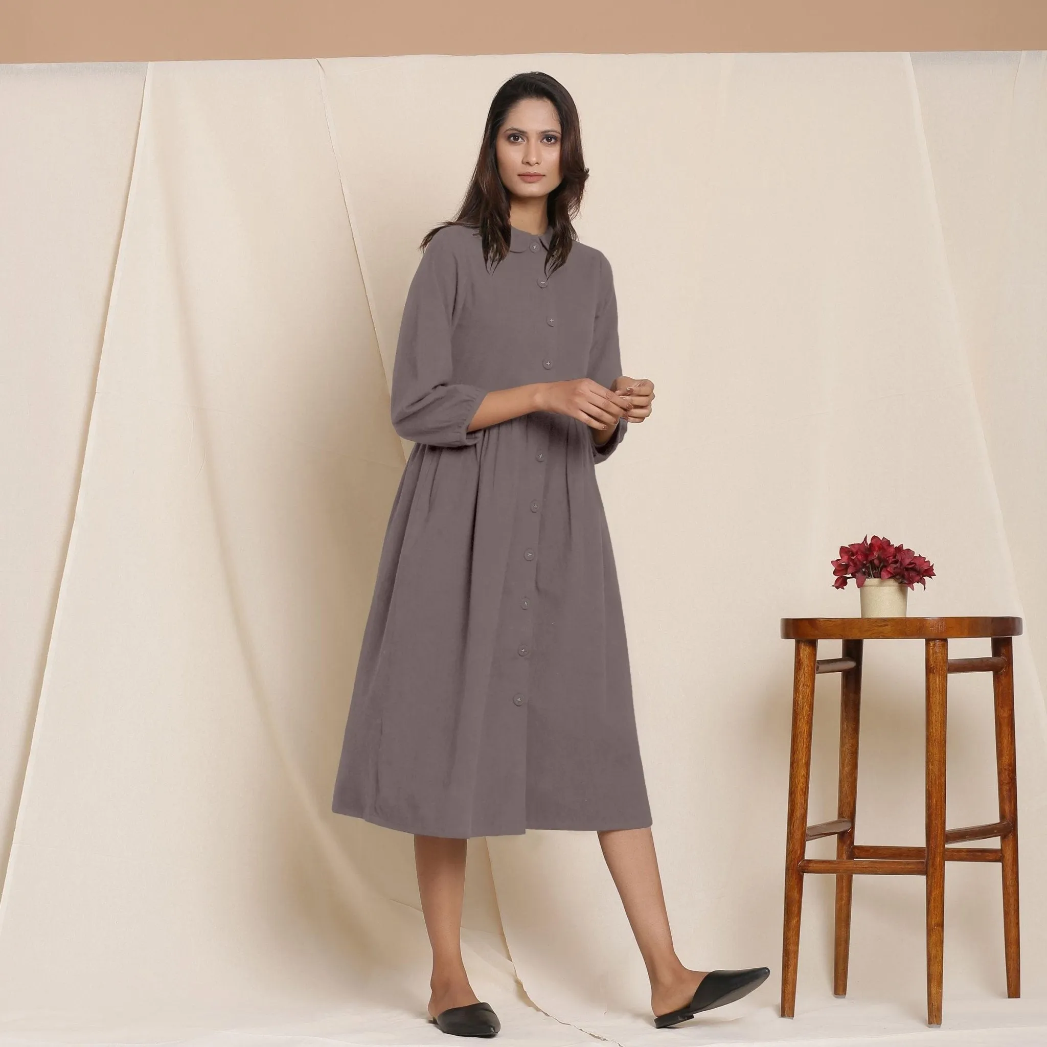 Grey Warm Cotton Flannel Peter Pan Midi Dress