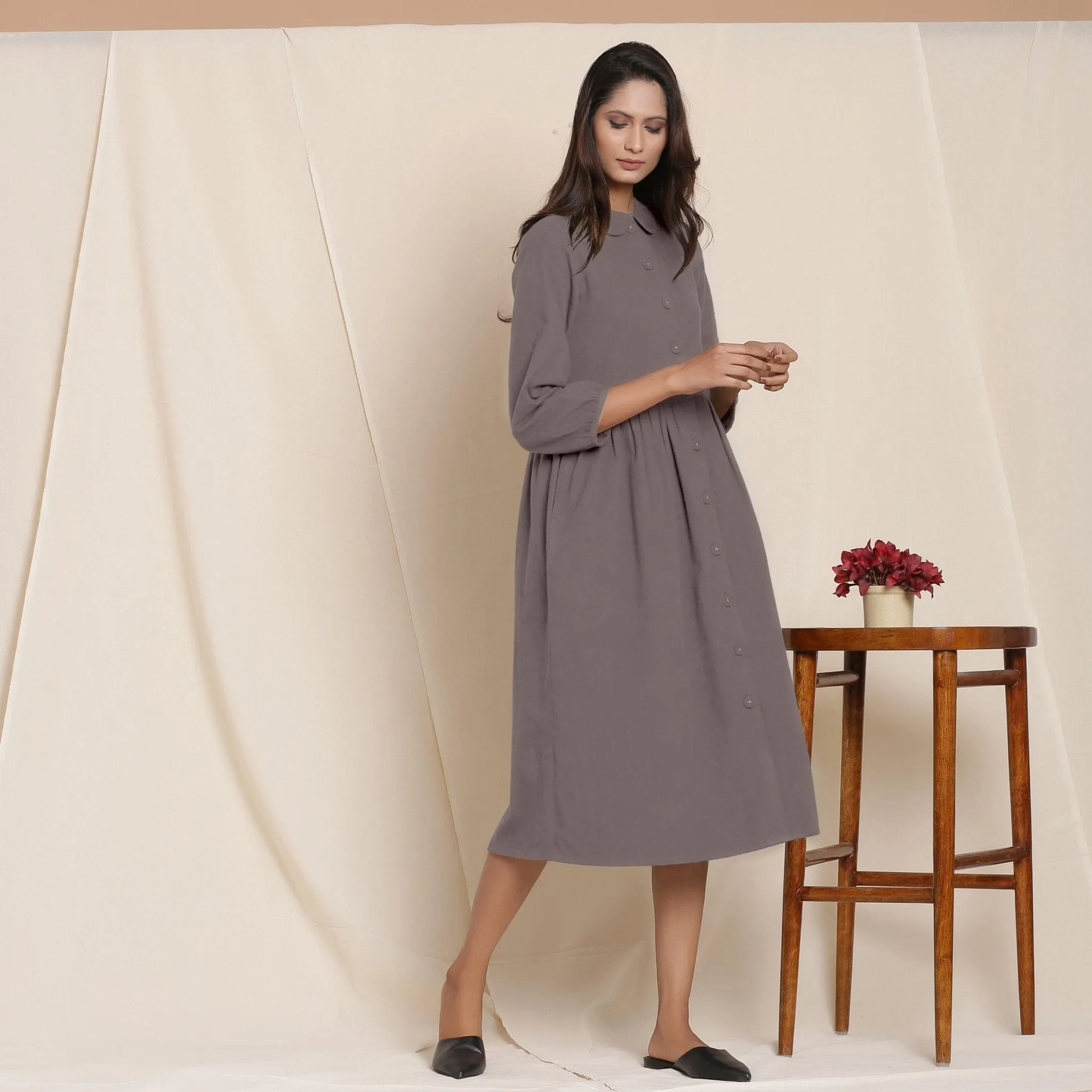 Grey Warm Cotton Flannel Peter Pan Midi Dress