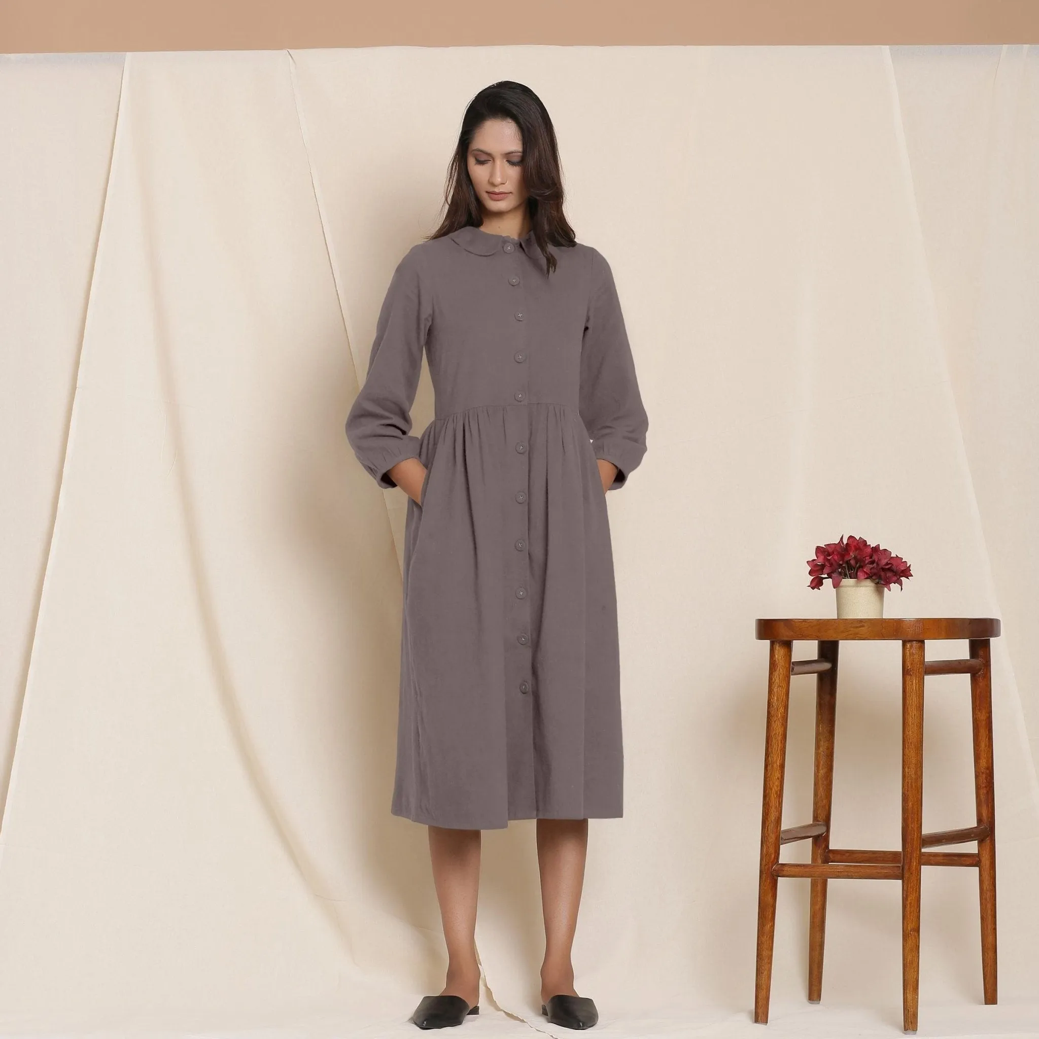 Grey Warm Cotton Flannel Peter Pan Midi Dress