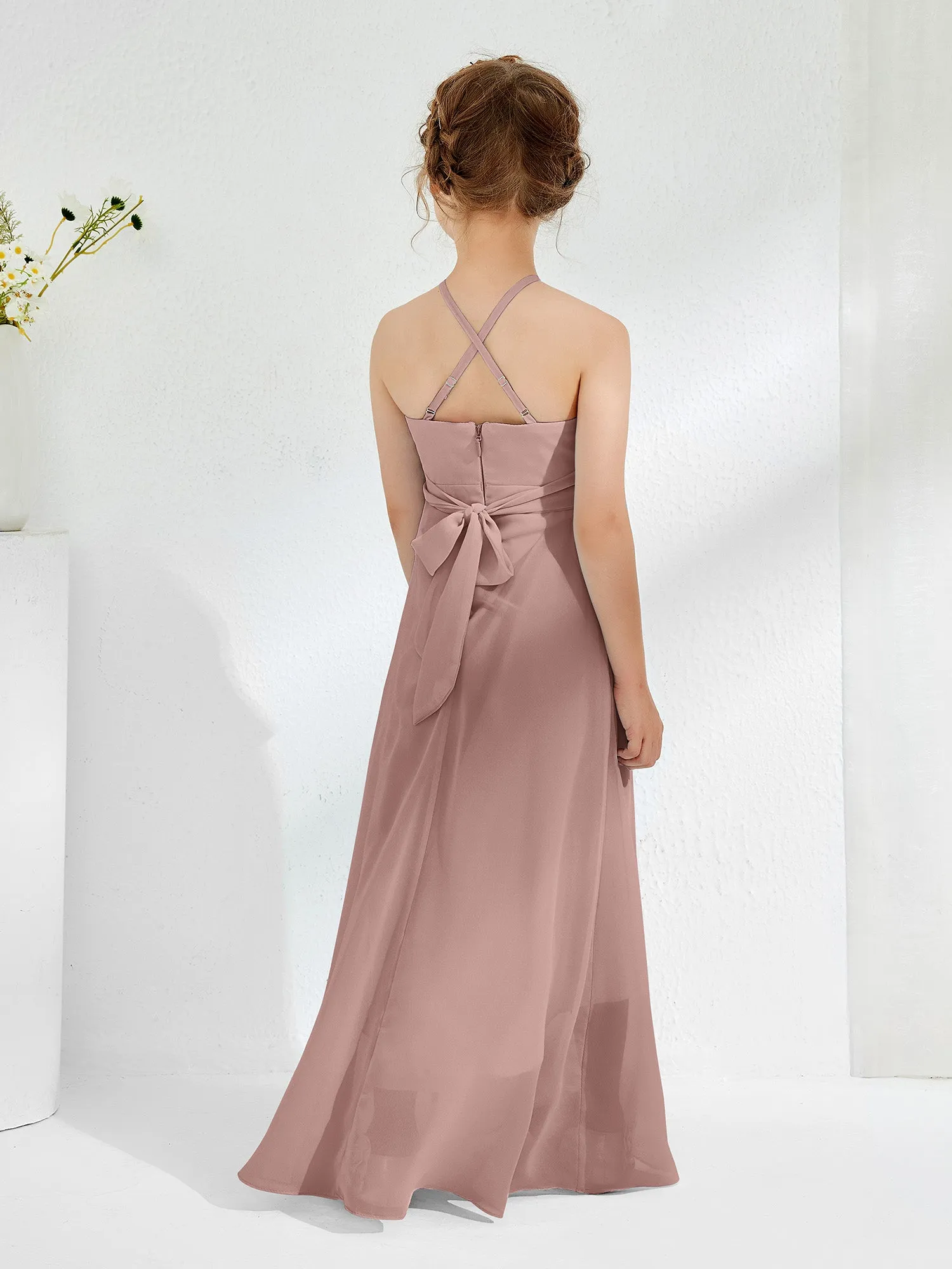 Halter Neckline Junior Bridesmaid Dresses with Sash Vintage Mauve