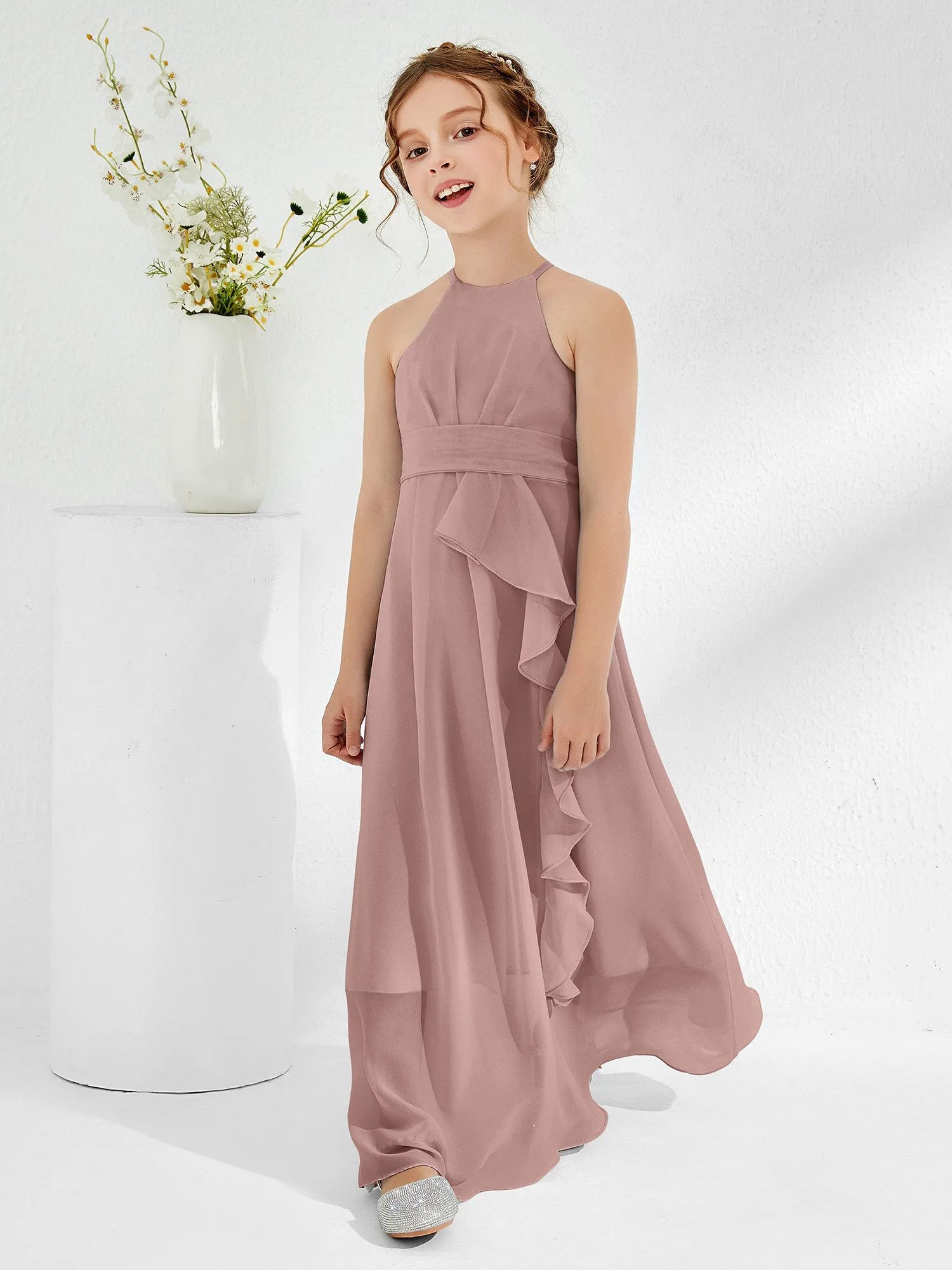 Halter Neckline Junior Bridesmaid Dresses with Sash Vintage Mauve