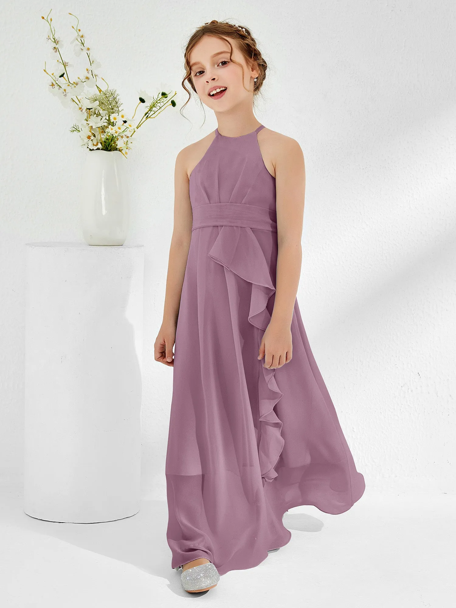 Halter Neckline Junior Bridesmaid Dresses with Sash Wisteria