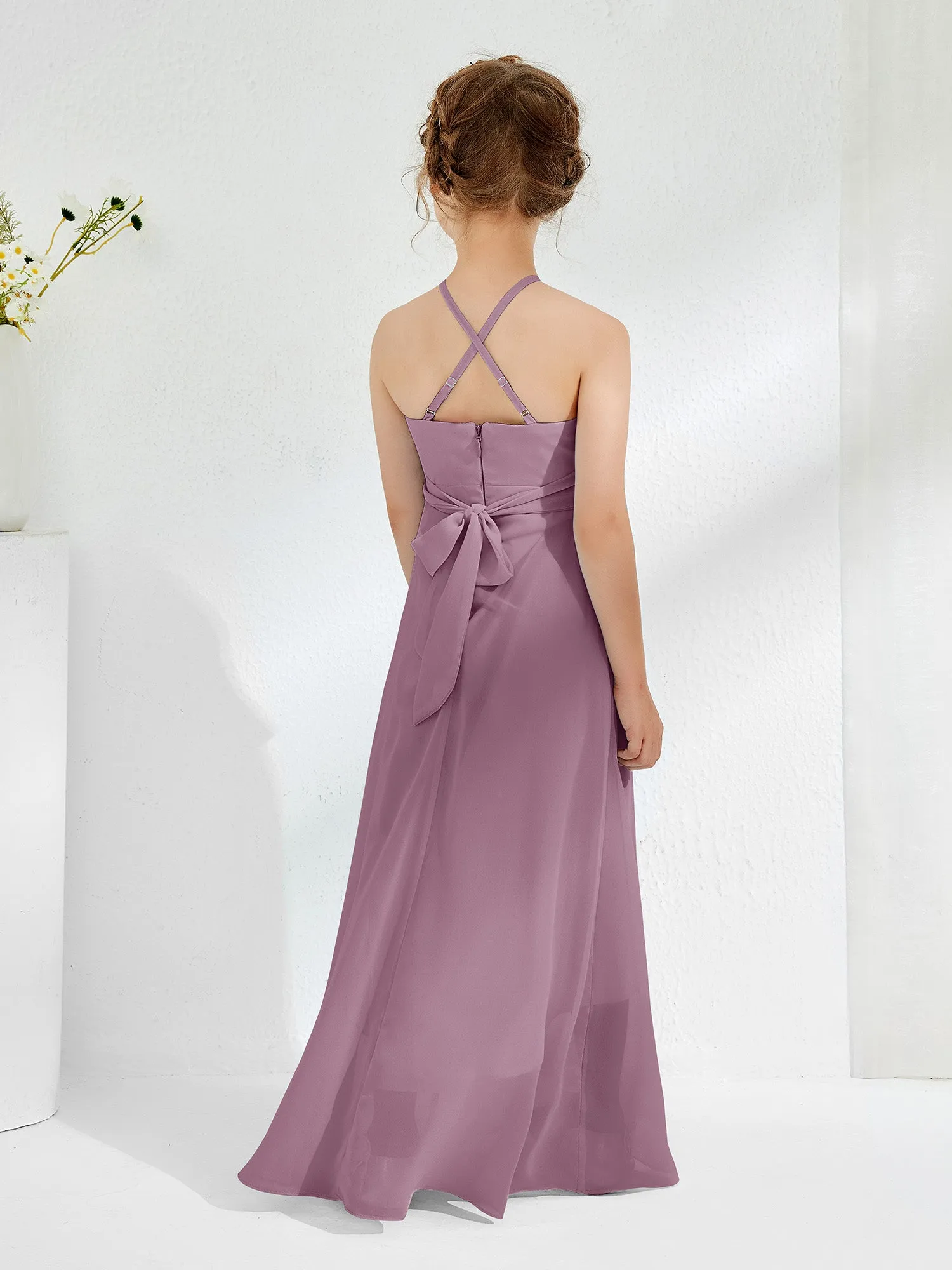 Halter Neckline Junior Bridesmaid Dresses with Sash Wisteria