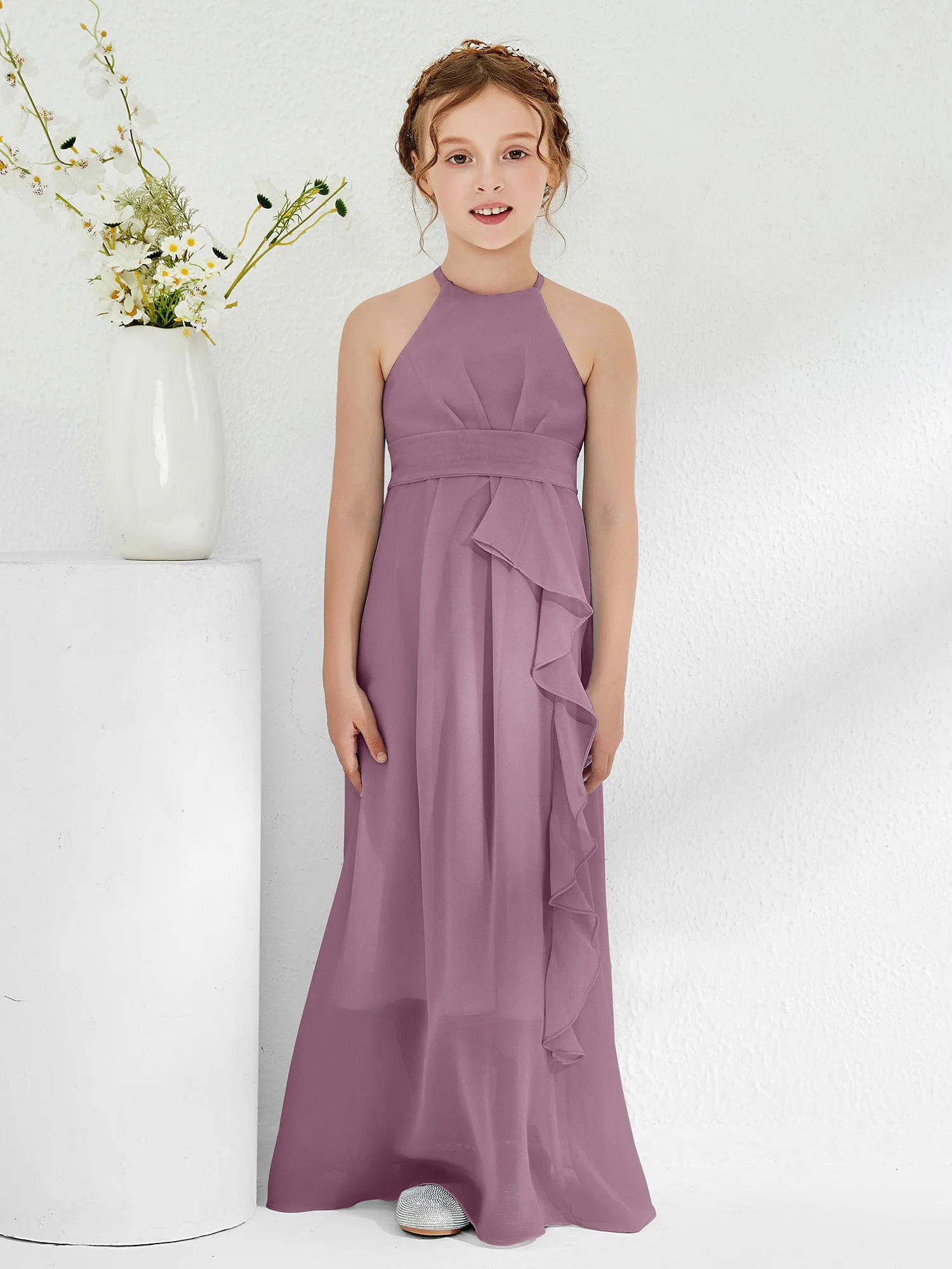 Halter Neckline Junior Bridesmaid Dresses with Sash Wisteria