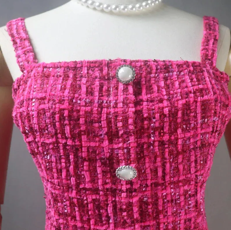 Hand Swen Pearl Buttons Tweed Mini / Knee length Dress Hot Pink