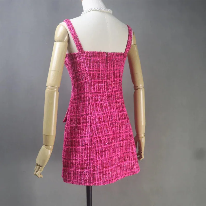 Hand Swen Pearl Buttons Tweed Mini / Knee length Dress Hot Pink