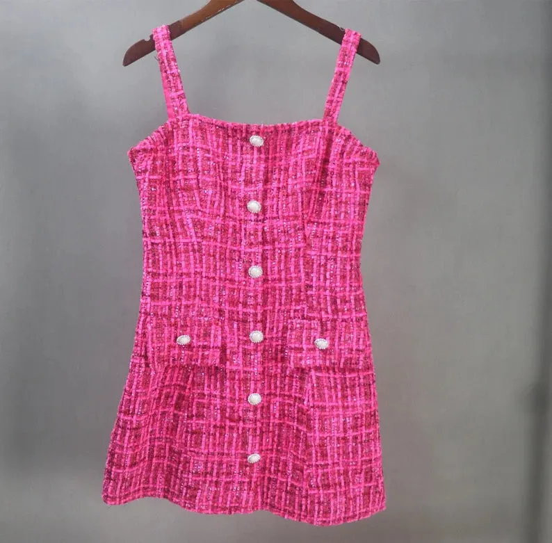 Hand Swen Pearl Buttons Tweed Mini / Knee length Dress Hot Pink