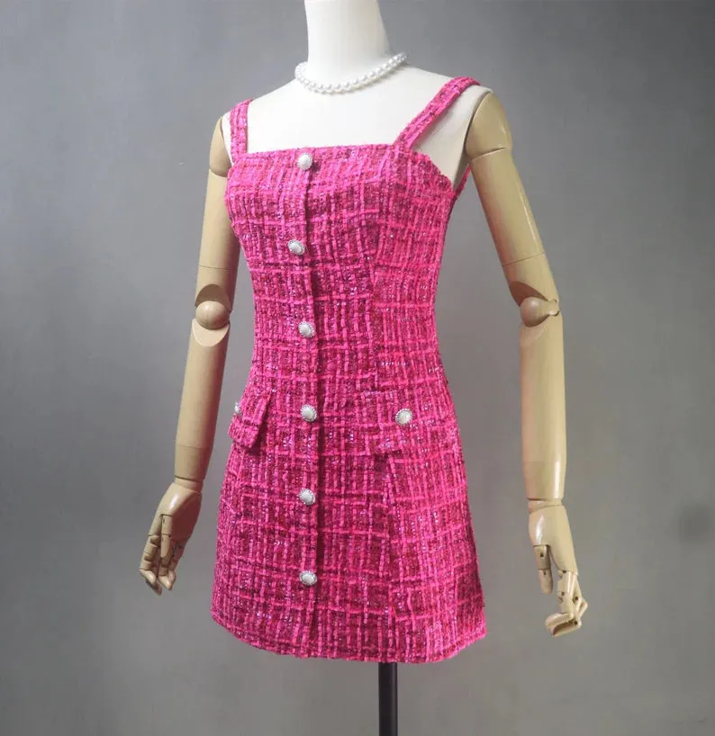 Hand Swen Pearl Buttons Tweed Mini / Knee length Dress Hot Pink