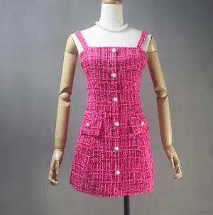 Hand Swen Pearl Buttons Tweed Mini / Knee length Dress Hot Pink