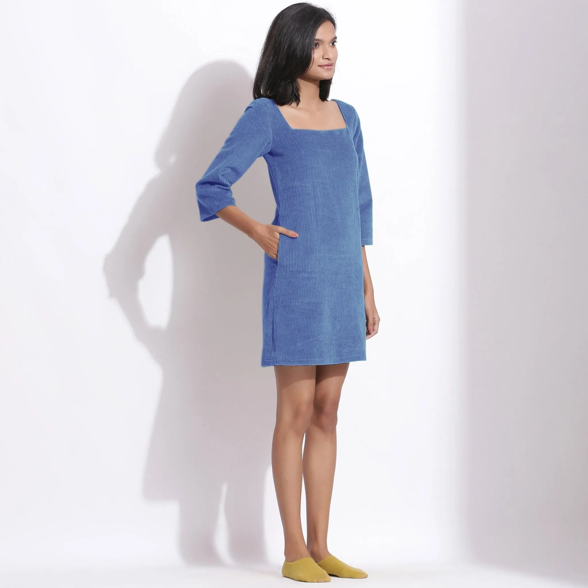 Ice Blue Warm Cotton Corduroy Short Shift Dress