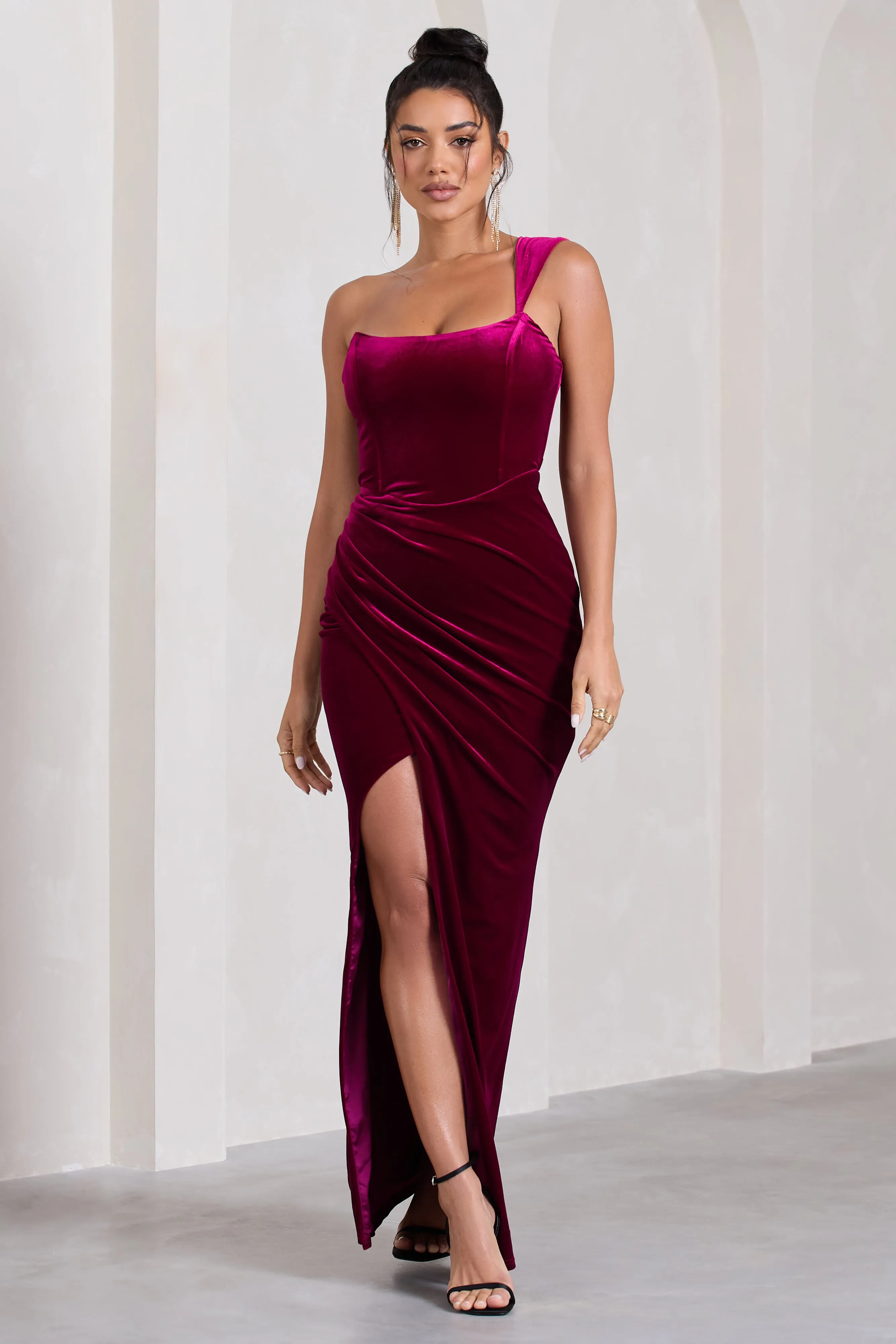 Jessica | Berry Velvet One Shoulder Corset Style Wrap Maxi Dress