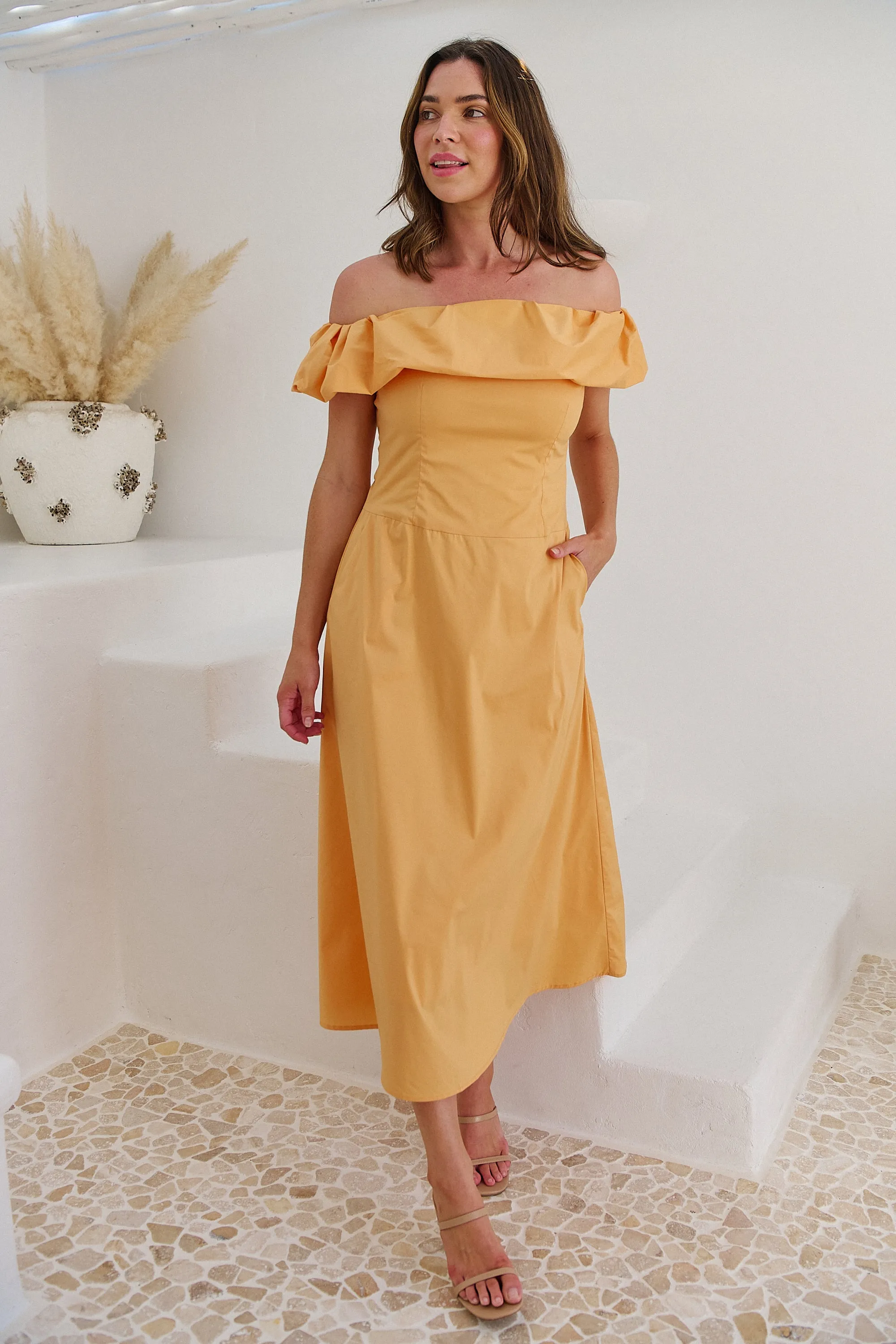 Kaede Peach Off Shoulder Maxi Dress