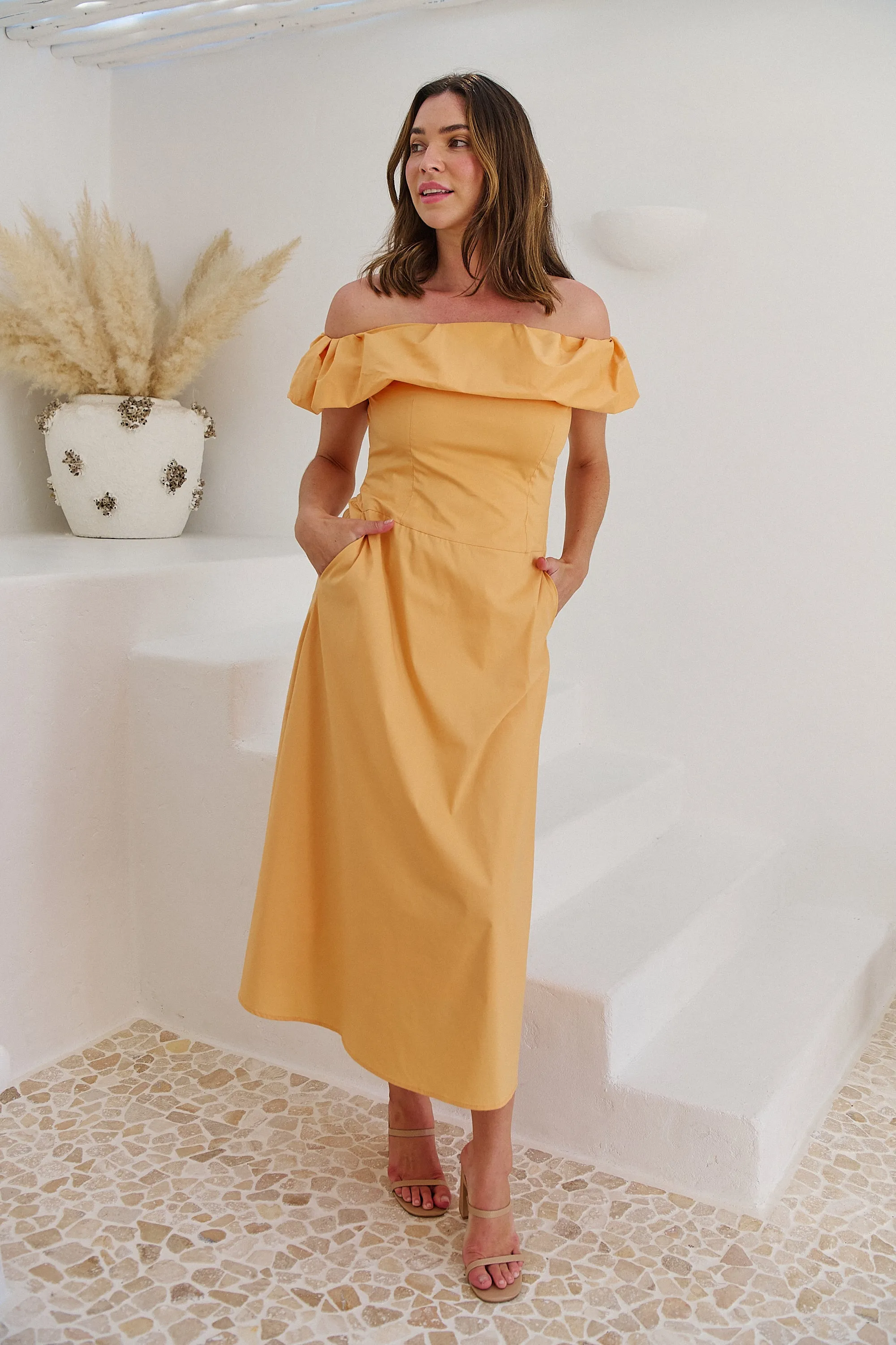 Kaede Peach Off Shoulder Maxi Dress