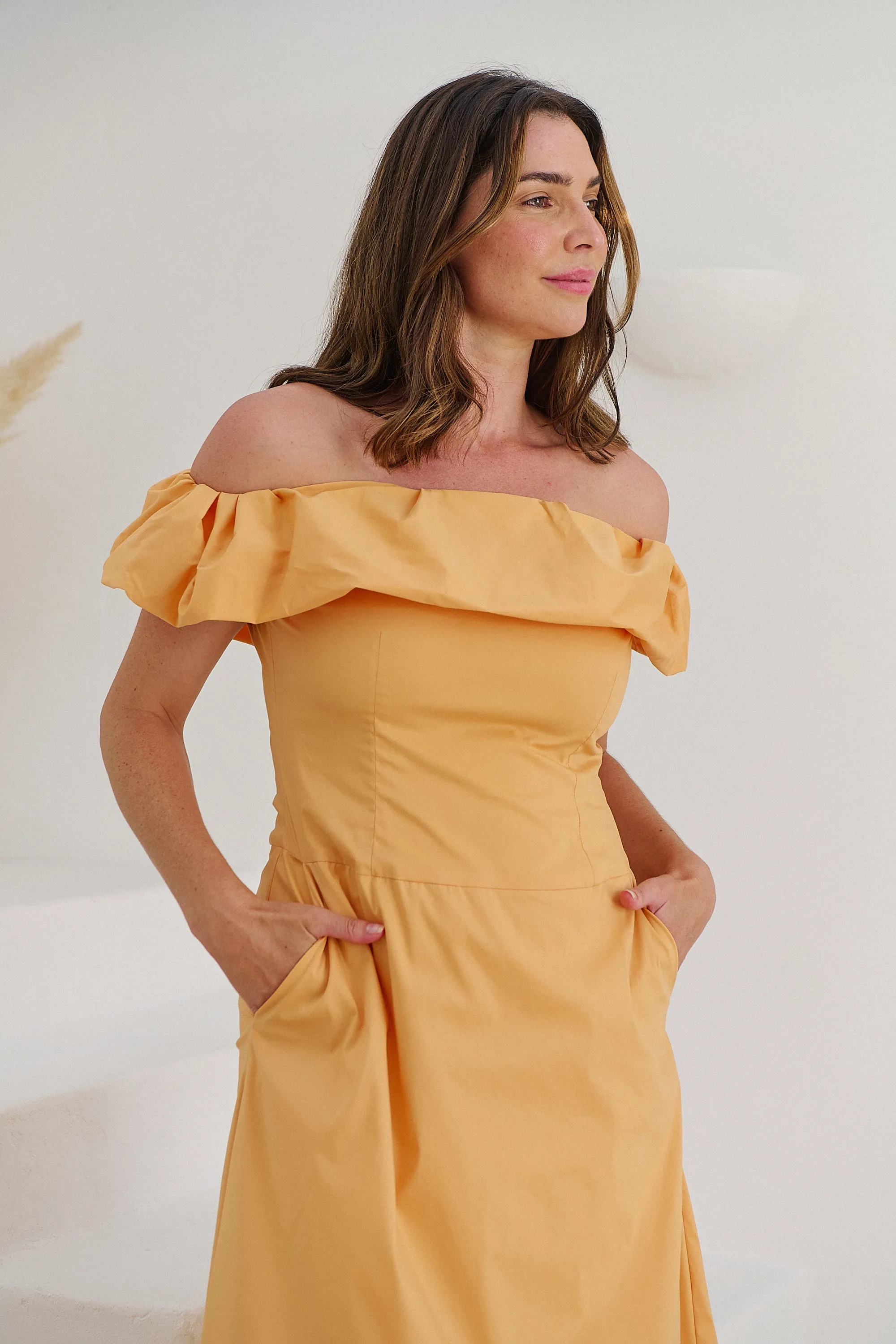 Kaede Peach Off Shoulder Maxi Dress