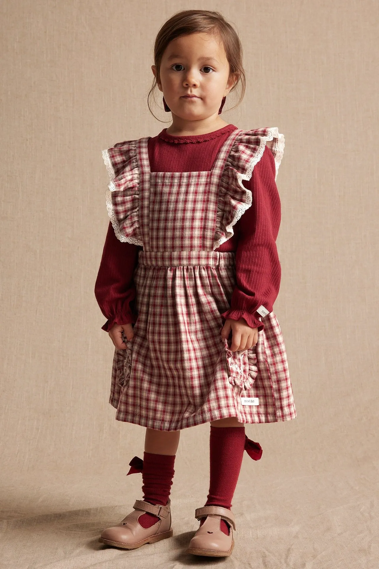 Kids' red/beige checked pinafore dress