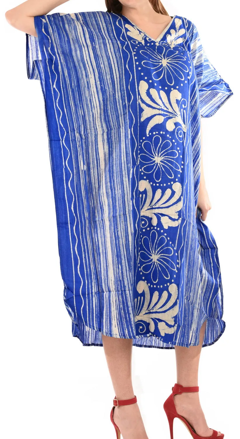 LA LEELA Cotton Batik Printed Women's Kaftan Kimono Summer Beachwear Cover up Dress  Blue_D322