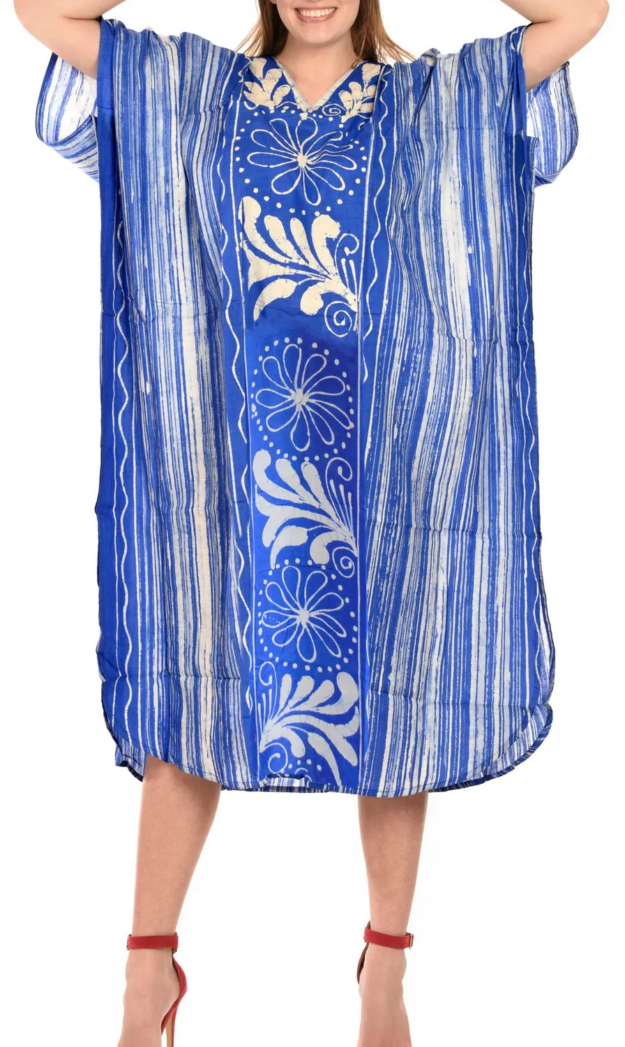 LA LEELA Cotton Batik Printed Women's Kaftan Kimono Summer Beachwear Cover up Dress  Blue_D322