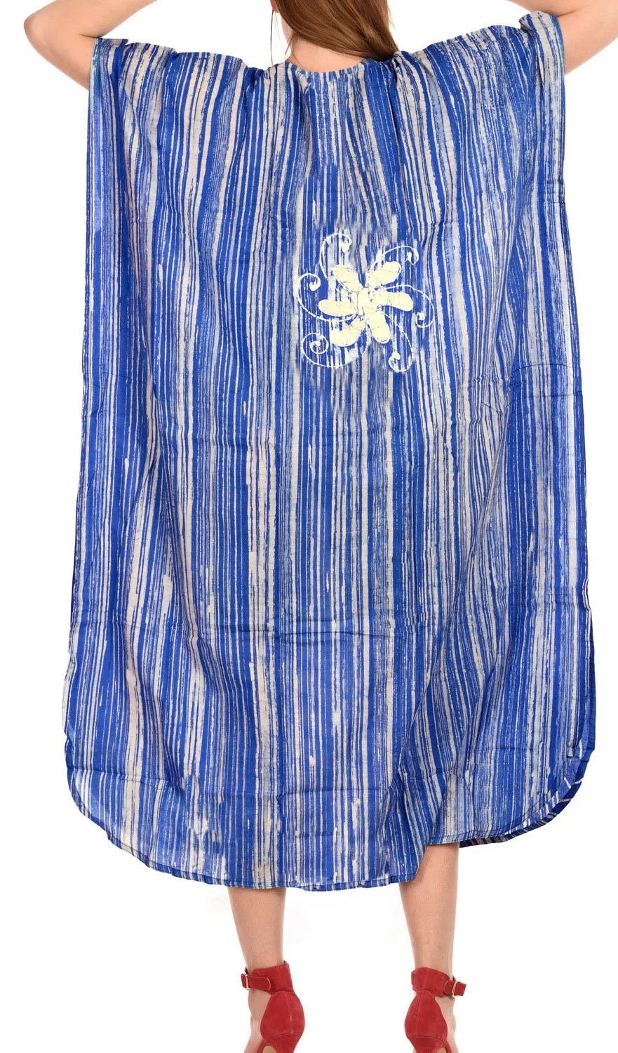 LA LEELA Cotton Batik Printed Women's Kaftan Kimono Summer Beachwear Cover up Dress  Blue_D322