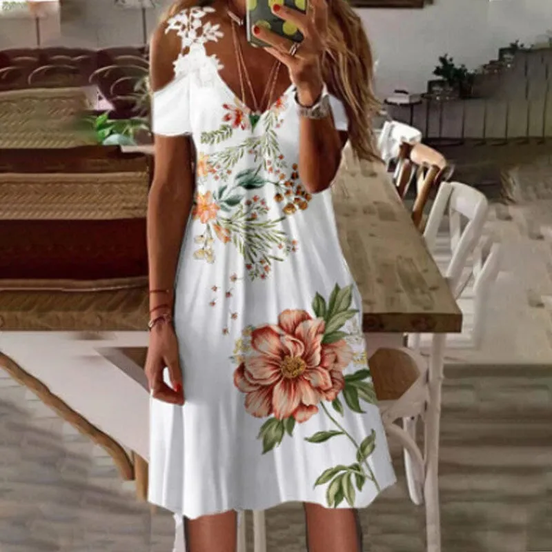 Lace Print Short Sleeve A-Line Knee Length Resort Dress