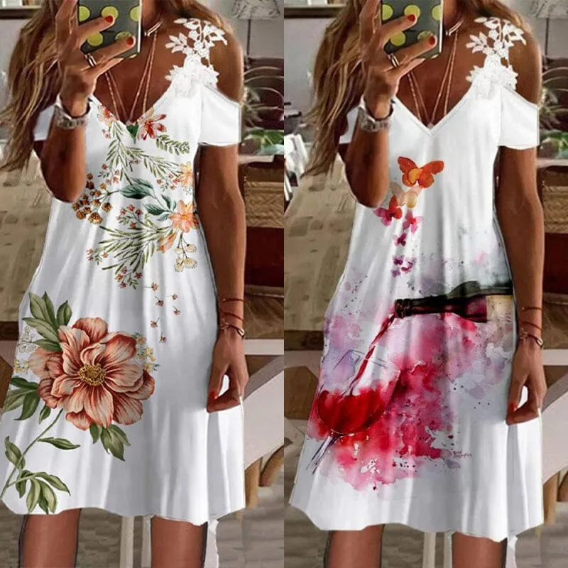 Lace Print Short Sleeve A-Line Knee Length Resort Dress