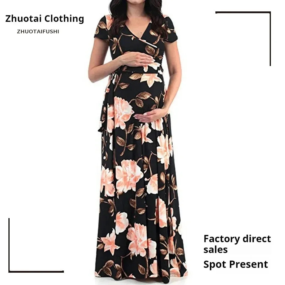 Ladies' Summer Dress Floral Print Sexy Short-sleeved Maternity Dress with V-neck Comfortable Breathable For Pregnant Women