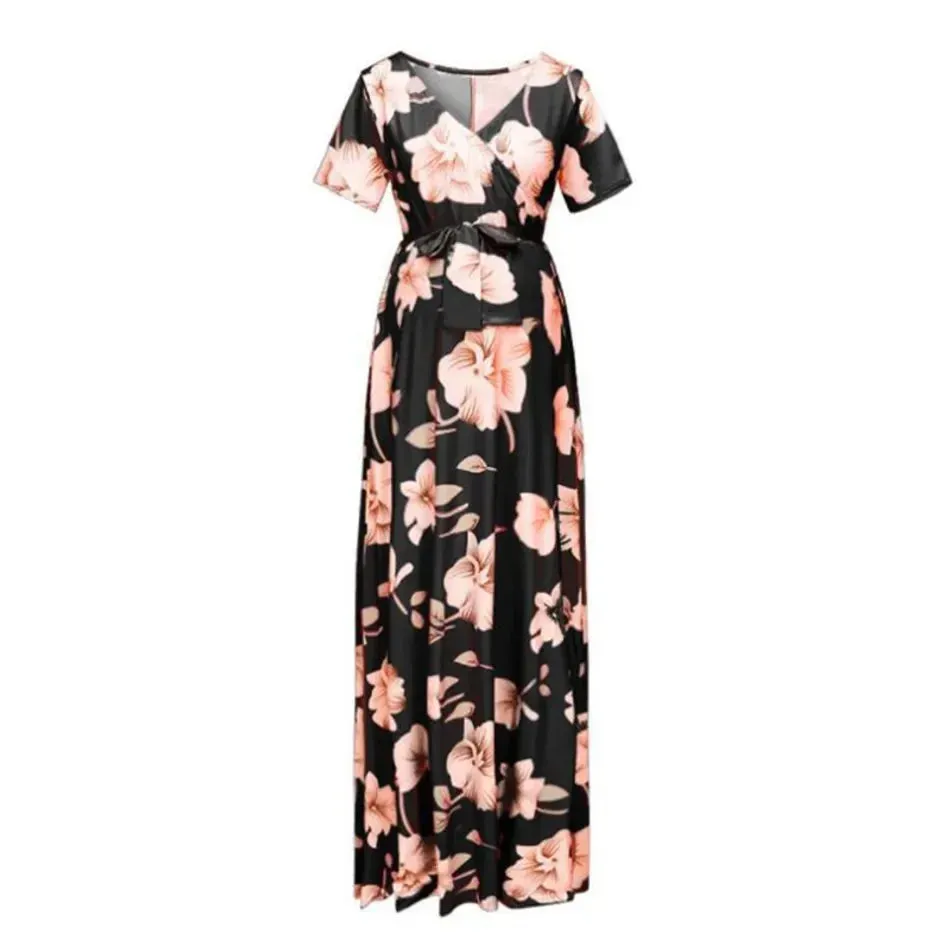 Ladies' Summer Dress Floral Print Sexy Short-sleeved Maternity Dress with V-neck Comfortable Breathable For Pregnant Women