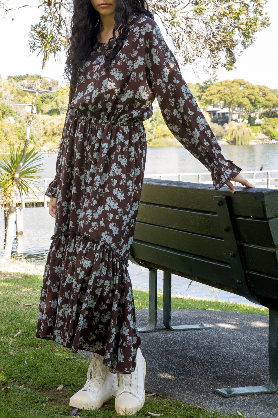 Levitate Chocolate Floral Tiered Midi Dress