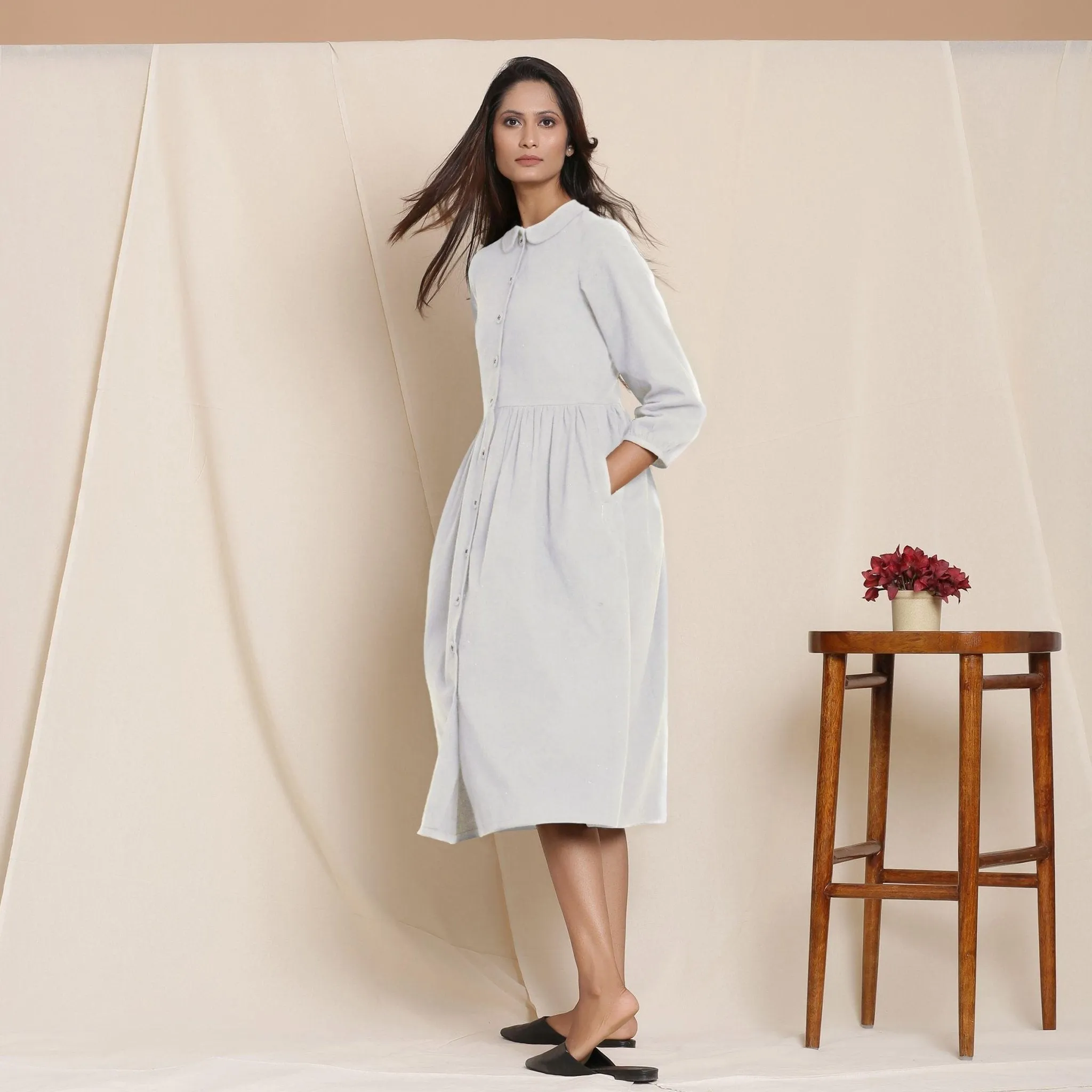 Light Grey Warm Cotton Flannel Peter Pan Midi Dress