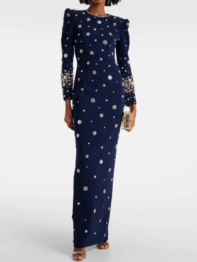 Long Sleeve Luxurious Beaded Long Maxi Dress