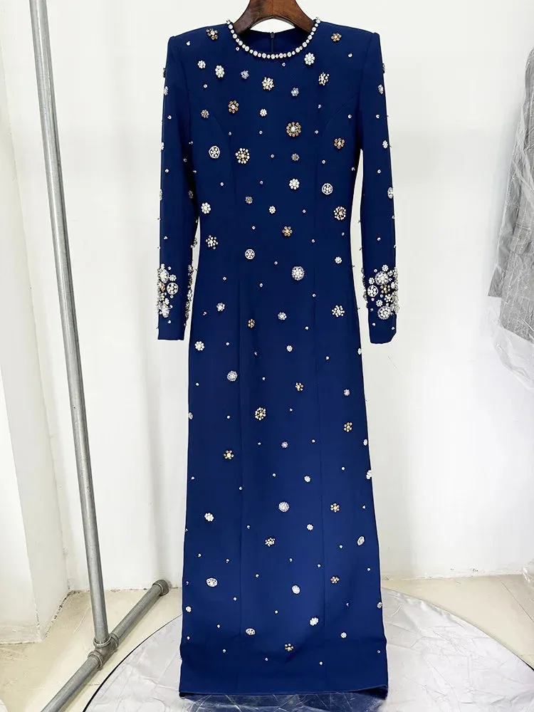 Long Sleeve Luxurious Beaded Long Maxi Dress