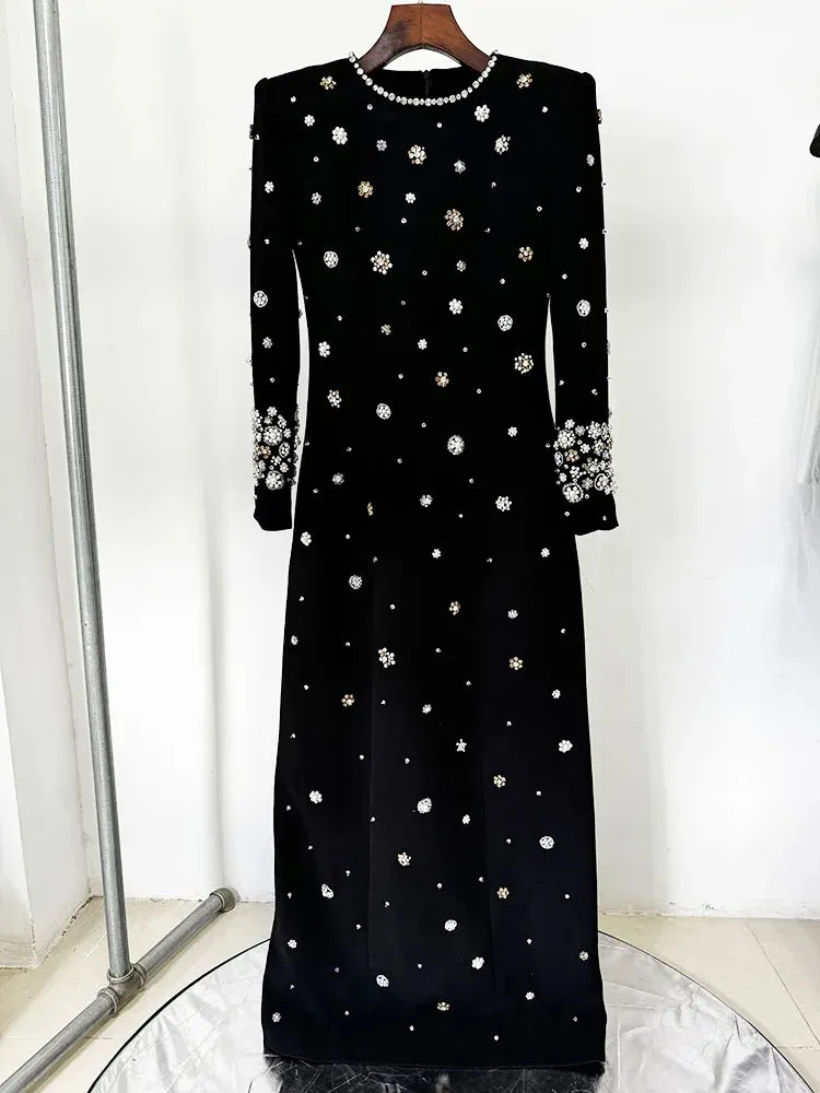 Long Sleeve Luxurious Beaded Long Maxi Dress