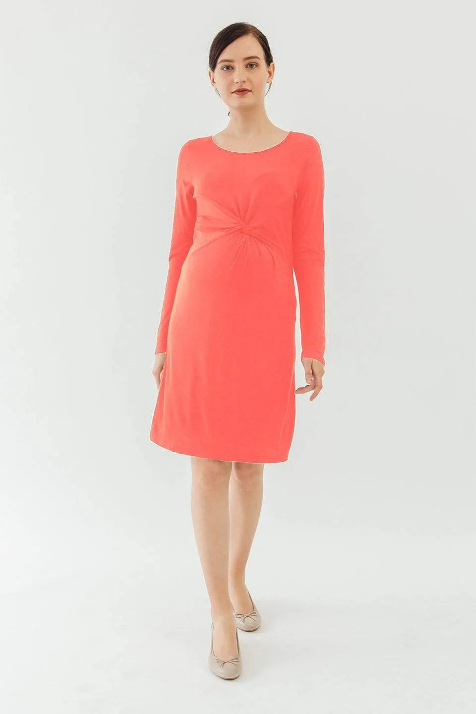 Long Sleeves Beatrisa Twisted Maternity Dress Coral