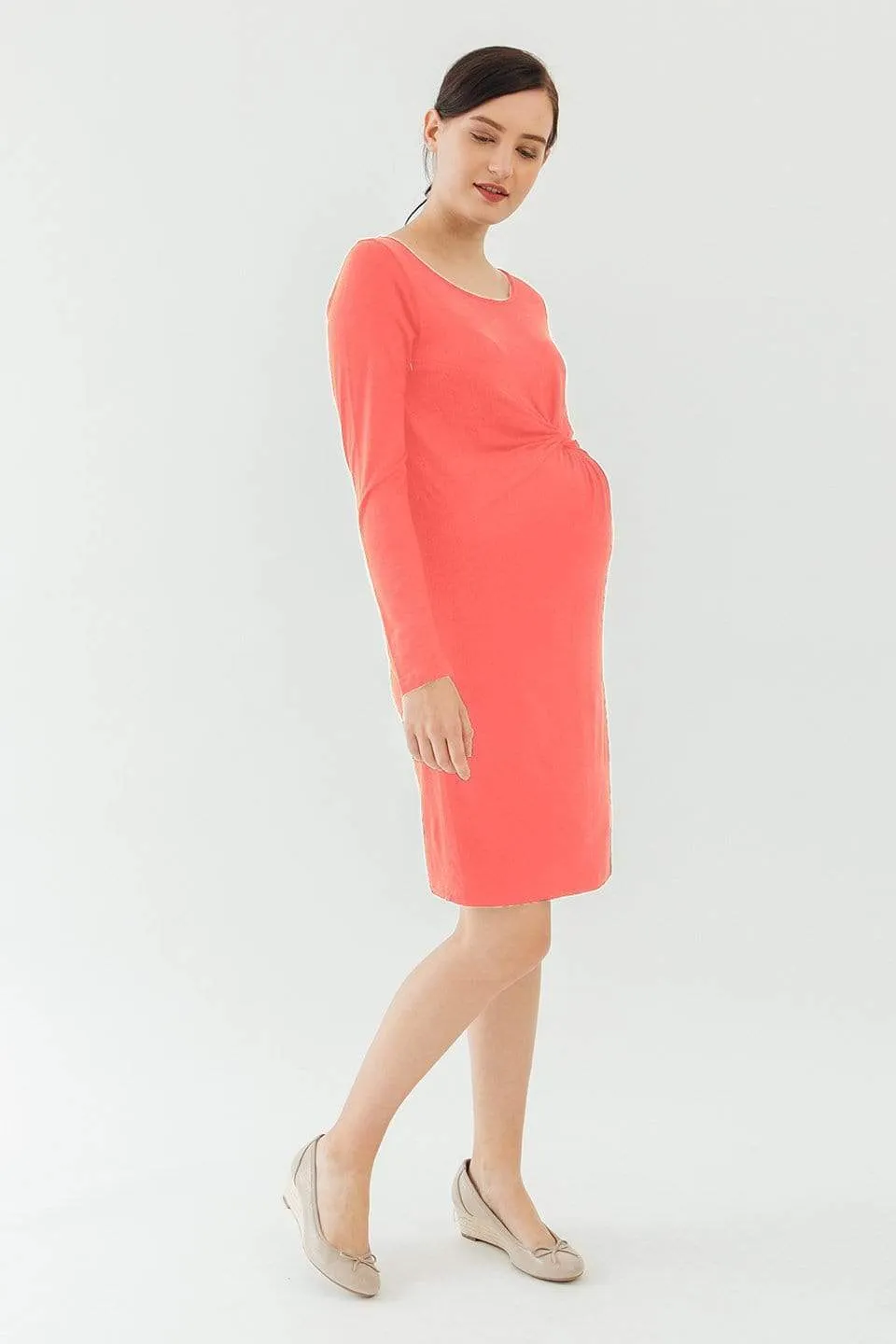 Long Sleeves Beatrisa Twisted Maternity Dress Coral