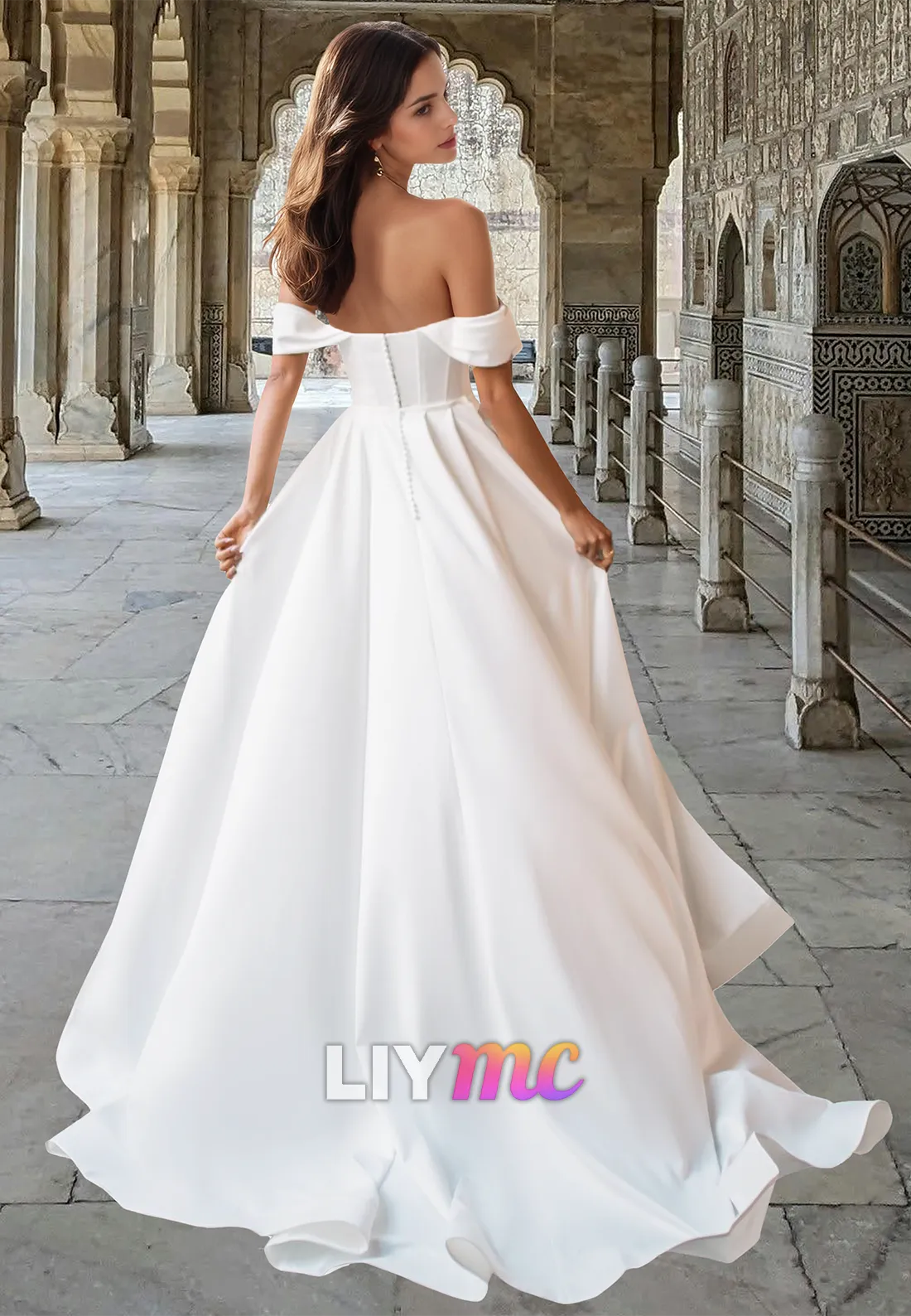 LW023 - Mermaid/Trumpet V neck Pleats Satin Wedding Dress with Slit