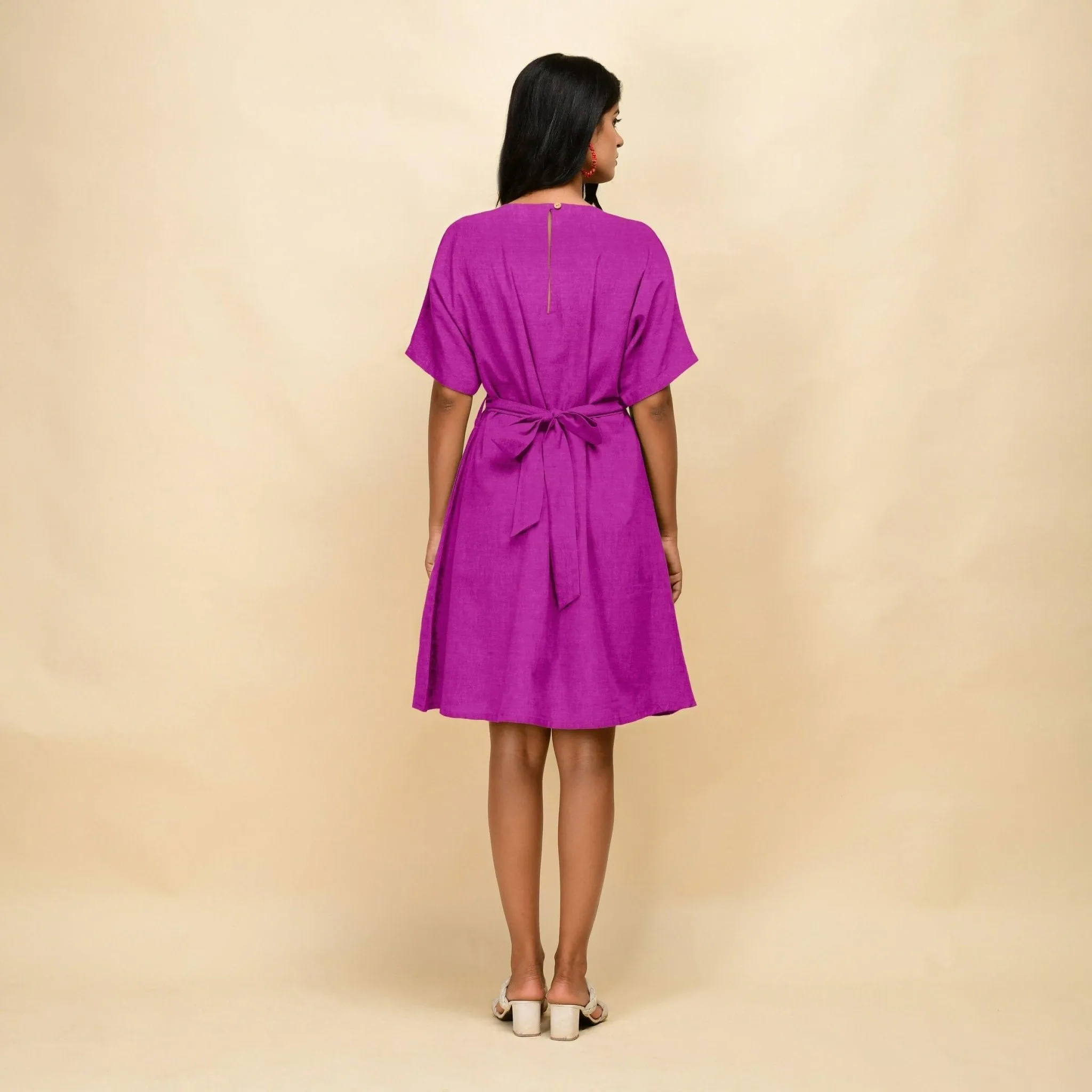 Magenta 100% Linen V-Neck Knee Length Blouson Dress