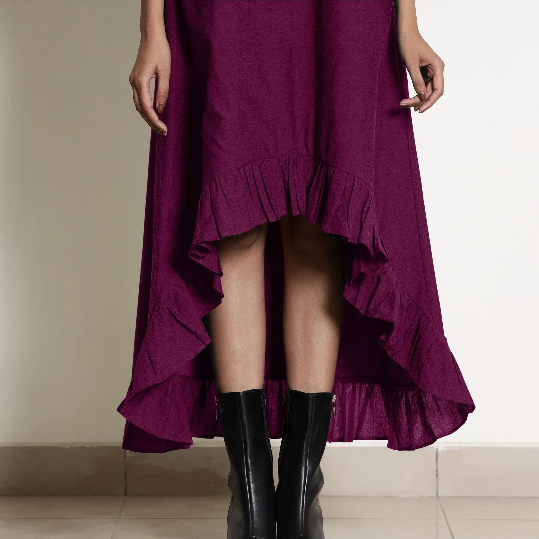 Magenta Warm Cotton Frilled Neck Ankle Length Dress